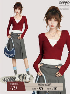 Red V-Neck Knitted Sweater Womens Slim Fit Inner Shirt Base Top Fake Two-Piece Design Autumn Winter Fashion Sensation