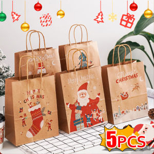YESPERY 5Pcs Christmas Gift Bag Kraft Paper Bags Santa Claus Snowman Xmas Party Candy Cookie Present Bag Merry Christmas Decoration 2024