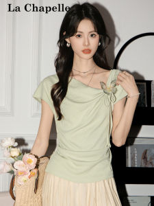 La Chapelle | Green Bow Off Shoulder Ruffle Waist Slimming Short Sleeved T Shirt