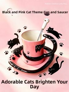 Hand-painted Kitty-themed Ceramic Coffee Cup and Saucer