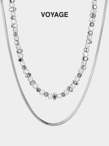 Double Layer Silver Pearl Snake Bone Lockbone Chain Necklace for Men Fashionable High-End Accessory Fresh out Summer 2023