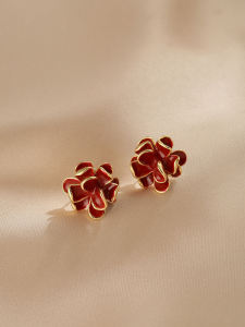 Red Flower Stud Earrings Womens Luxury Vintage Hong Kong Style 925 Silver Needle 3D Petal Ear Jewelry Floral Alloy Gold Plated