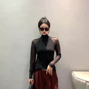 AMMIN 2024 Autumns new simple crew neck fashion cutout mesh stitching long sleeve stretch mesh T-shirt Womans Korean version of an elegant blouse with hot print bright diamond stripe design