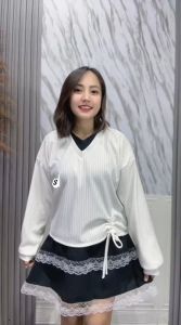 CRS - YUNI TOP KNIT / SWEATER V NECK KNITTWO TONE -PN