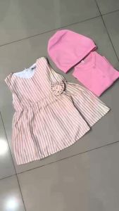 BELLE MAISSON - SETELAN BAYI PEREMPUAN 3IN1 (DRESS CARDIGAN TOPI) / SETELAN DRESS BAYI PEREMPUAN / BABY GIRL DRESS PLUS OUTER / DRESS BABY SALUR GARIS-GARIS / CARDIGAN BAYI DAN TOPI PINK