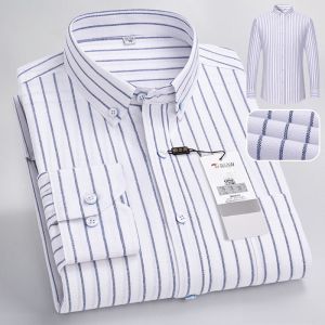 Spring Autumn Oxford Cloth Long Sleeve Cotton Shirt Casual Striped Dad Clothes Business Casual Style Comfortable Fit Mens Shirt