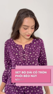 Bộ dài cổ tròn phối bèo trụ nút mặc nhà JUBBIE - 40419