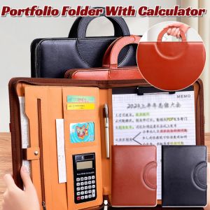 Portable Business Portfolio Folder With Calculator Portfolio Bag With Handle Document Organizer Genuine Leather Business Multifunctional Folder