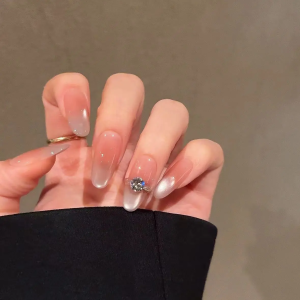 Wedding Nail Art Cheekbone Highlighting Cat Eye False Nails Handmade Almond Oval Nail Stickers for Bridal Photoshoot