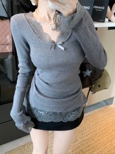 GUZILIAN | Korean Style Sweet And Spicy V-neck Lace Splice Base Shirt Womens Autumn Winter Grey Lace Hem Knitted Top Ladylike Commute Style