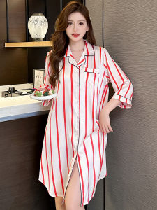 Summer Ice Silk Sleep Dress Women Loose Fitting Medium Length Thin Style plus Size Comfortable True Silk Home Wear Nightgown