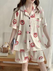 XL Extra Large 150.00kg Ice Silk Pajamas Womens Summer Short-Sleeved Student Dormitory Sweet Cardigan Homewear Suit