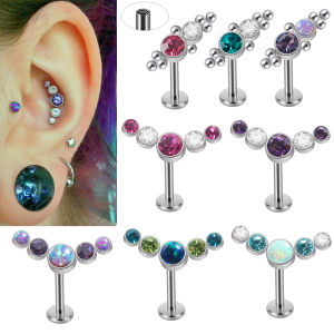 1/3/5PCs Stainless Steel Internal Thread Labret Lip Ring Opal&cz Cluster Curved Ear Cartilage Tragus Helix Daith Earring