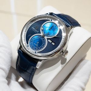Men Automatic Mechanical Watch 50M Water Resistant 316 Stainless Steel Calfskin Strap Week Date Display Business Large Dial