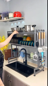 TMALL 📢 พร้อมส่งมาก! ชั้นวางจานคร่อมซิงค์ ชั้นวางจานสแตนเลส พร้อมฝาปิดกันฝุ่นคร่อมอ่างล้างจาน ชั้นวางของในครัว KITC