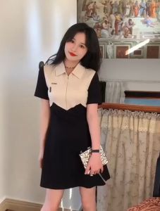 Muse Dress Women Korean Style Large Contrast Color Patchwork Polo Neck Short Sleeve Dress For Women In Summer Fat Mm Medium Length Skirt With Thin Split Skirt