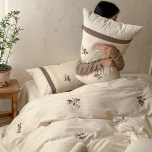 Kiss Dear | Comfortable Sleep Spring Summer Woven Cotton Linen Embroidery Flower Korean Lace Cottage Style Luxury Bedding Set