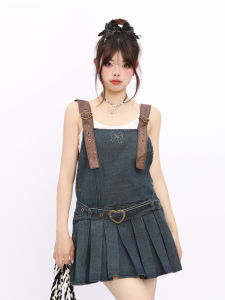 Sweet Spicy Retro Denim Halter Dress Summer Design Loose Blue Pleated Strap Womens Clothing Commute Style High Waist Short Skirt