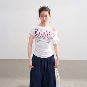 BAIDAIFEI | Slant Shoulder Off-Shoulder Fitted Short Crop Waist Cinching Irregular One-Shoulder T-shirt