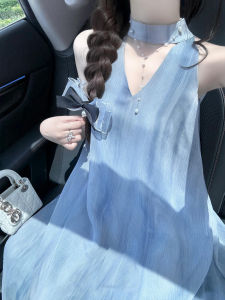 Summer 2025 Womens French V-neck Hanging Neck Dress Slimming Long Dress Lazy Style High Waist A-line Skirt Casual Wear