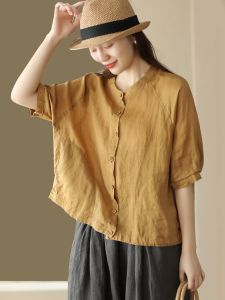 Retro Flax Open Cardigan Top Womens Spring Summer Thin Casual Cotton Linen Short Sleeve Shirt Artistic Commute Style