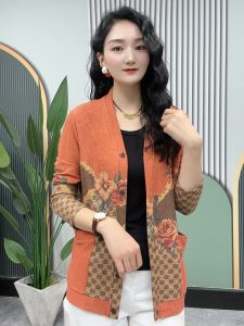 Spring Autumn Knitted Open Cardigan Womens Large Size Thin Long Sleeve T-Shirt Print Casual Moms Fashion Outerwear