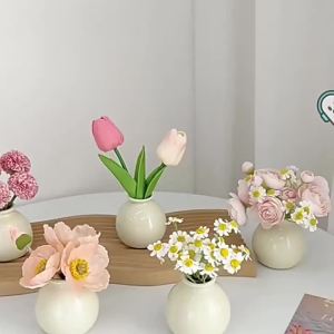 Ins Style Mini Ceramic Vase Set with Artificial Fake Flowers Desktop Ornament for Home Bedroom Dried Floral Decor Accessory