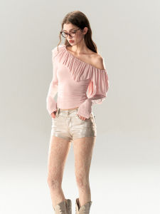 Original Design Long Sleeve Shoulder Bared T Shirt Womens Spring Summer Slimming Street Style Cotton Blend Casual Top
