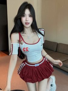 GUZILIAN | Sporty Color Block Crop Asymmetric Tshirt and High Waist Skirt Set