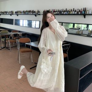 Elegant Off-White V-Neck Dress Korean Style Embroidered Skirt Long Sleeve H-Shape A-Line Casual Commute Autumn New Arrival