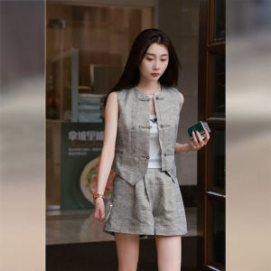 New Chinese Style Grey Vest Womens Summer High-End Feeling Short Pants Two-Piece Set Hanfu Clothing Ins Style Mid-Length Skirt