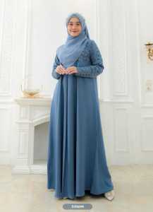 Arimbi Gamis Brukat Modern Muslimah Warna Burgundy Dress Pesta Elegan Syari Full Furing Maxi