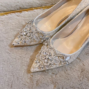Silver High Heels Womens Shoes Comfortable Wedding Shoes Fashionable Pointed Toe Water Diamond Decorated Flat Footbed Single Shoes