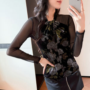 Rehin của phụ nữ lưới cổ điển dài tay in họa tiết hàng đầu ôm vừa thanh lịch mùa thu mùa đông áo Blouse thời trang