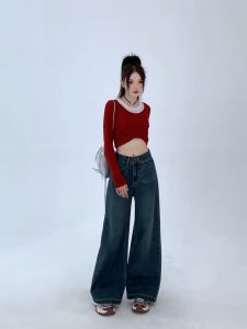 【Hermarou】Plus Size S-7XL Korean High Waist Wide Leg Jeans Women Casual Loose Straight Slacks Trousers