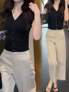 Shalldoer | Slimming Summer New Fashion Casual Versatile Slim Fit Pants And Top Set Fresh Style Commute Wear Buttoning V-Neck Short Sleeve