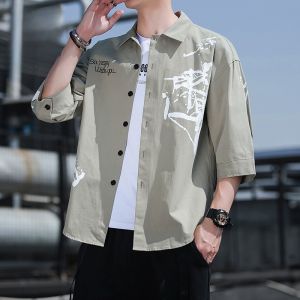 ROMON | Romon Mens Summer Thin Cotton Casual Shirt Short Sleeve Loose Fit Denim Jacket Fashionable Urban Style Seven-Five Sleeve Shirt