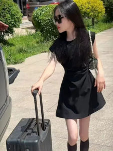 Girls Summer Dress Waist Cinched Slimming Black Mini Skirt Korean Style Childrens Clothing Soft Knitted Fabric Cool Sensation