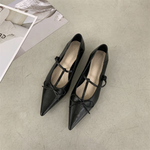 Korean Style Superfine Fiber Flat Shoes for Women with T-Shoe Buckle Low Heel Pointed Toe Upscale Fashionable Daily Wear