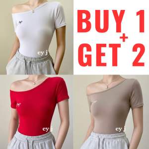 BUY 1 + GET 2 FREE (3PCS) ROSINA Ribbon One Side Shoulder Top Basic Fit Womenswear Blouse Short Sleeve