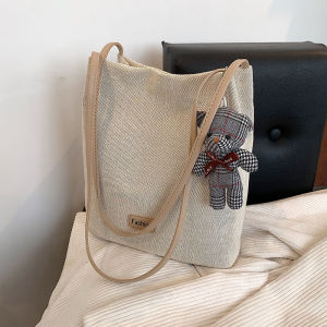 Fashionable Simple Bucket Bag Womens Handbag Spring New Style Matching Single Shoulder Bag Soft Cotton Magnetic Buckle Closure