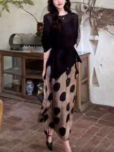 Summer Fashion Simple Thin Long Sleeve Top Womens Design Polka Dot Print Halter Dress Polyester Fiber round Neck Two Piece Set