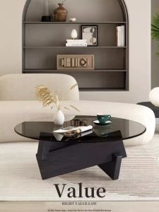 Nordic Style Glass Coffee Table round Modern Simple Design Living Room Tea Table Real Wood Small Household Creative Design