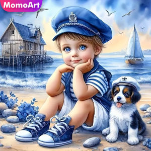 Momoart Full Diamond Painting Kid Boy Portrait Picture Of Rhinestones Mosaic Dog DIY Embroidery Seasdie Home Decor