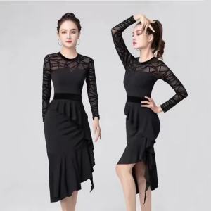 Autumn Winter Women Long Sleeve Mesh Splice Latin Ballroom Dance Dress Competition Evening Party Performance Outfit Dancewear