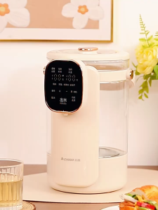 Smart Baby Milk Maker with customizable water dispensing time digital display touch control and transparent water tank. Kitchen appliance for preparing baby milk.