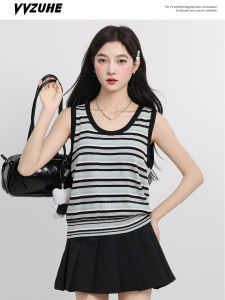 Áo Vest Không Tay Kẻ Sọc Màu Tương Phản Mùa Thu 2025 Cho Nữ Áo Vest Chữ U Cổ Tròn Dáng Rộng Mặc Trong Thường Ngày