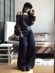 กางเกงยีนส์ขากว้างเอวสูงทรงหลวมขาตรงสีน้ำเงินเข้ม กางเกงขายาวผู้หญิงฤดูร้อน กางเกงยีนส์ทรงหลวมสบายๆ ทรงลำลอง