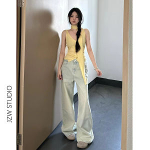 American Light Wash Wide Leg Jeans Womens Loose Floor-Length Small Size Straight Cut High Waist Denim Pants Summer 2025