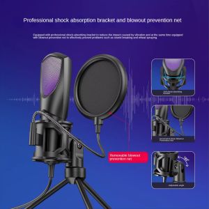 Condenser Microphone Desktop USB Vertical RGB Lights Live Streaming Karaoke Gaming Microphone Video Conferencing